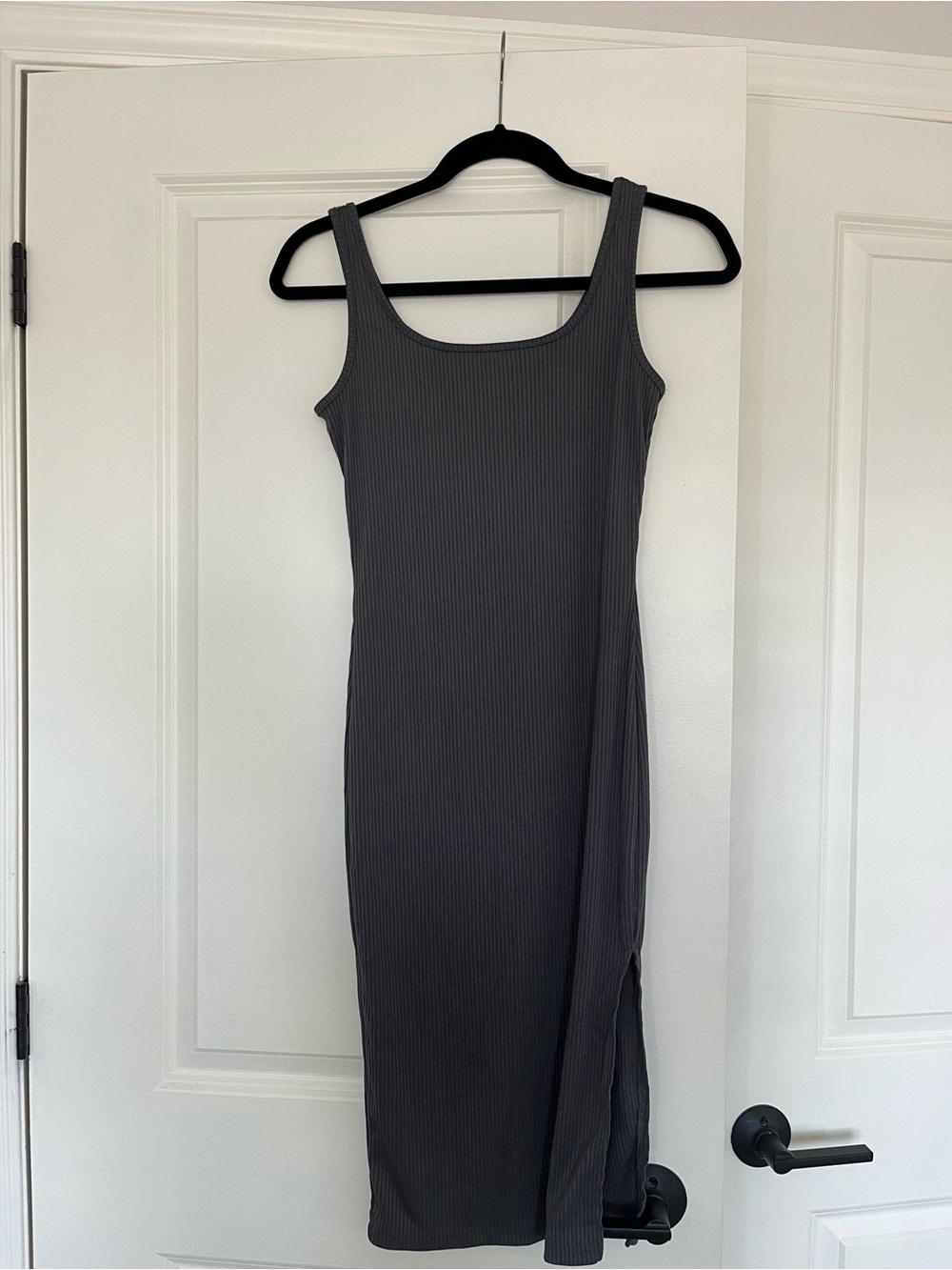 Sleeveless Ribbed Tank Dress in Charcoal Gray With Bottom Slit